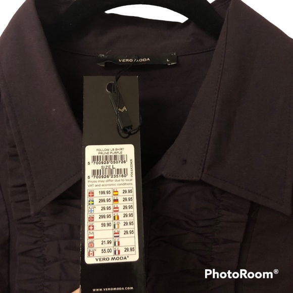 NWT ⭐️ VERO MODA Button Up Ruffle Purple Poplin Cotton Fitted Dress Shirt Top L - Picture 3 of 5